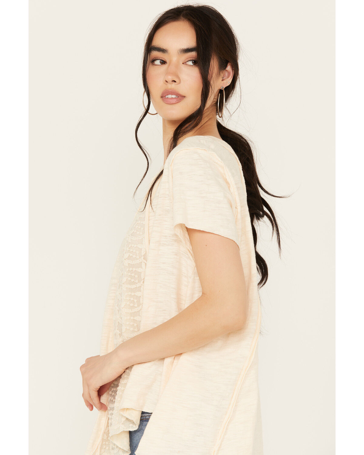 Image #2 - By Together Women's Lace Contrast Short Sleeve Knit Top, Cream, hi-res