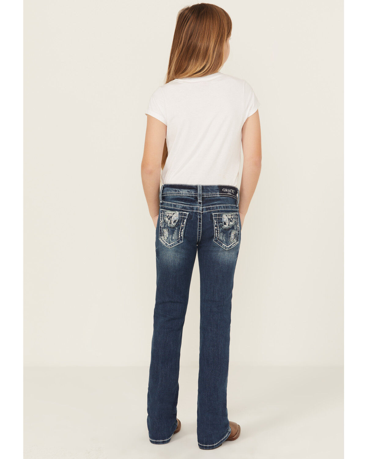 Image #1 - Grace In LA Girls' Paisley Embroidered Medium Wash Bootcut Stretch Denim Jeans, Medium Wash, hi-res