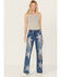 Image #1 - Vibrant Denim Women's Rhinestone Star Fringe Mid Rise Stretch Wide Leg Jeans , Medium Wash, hi-res