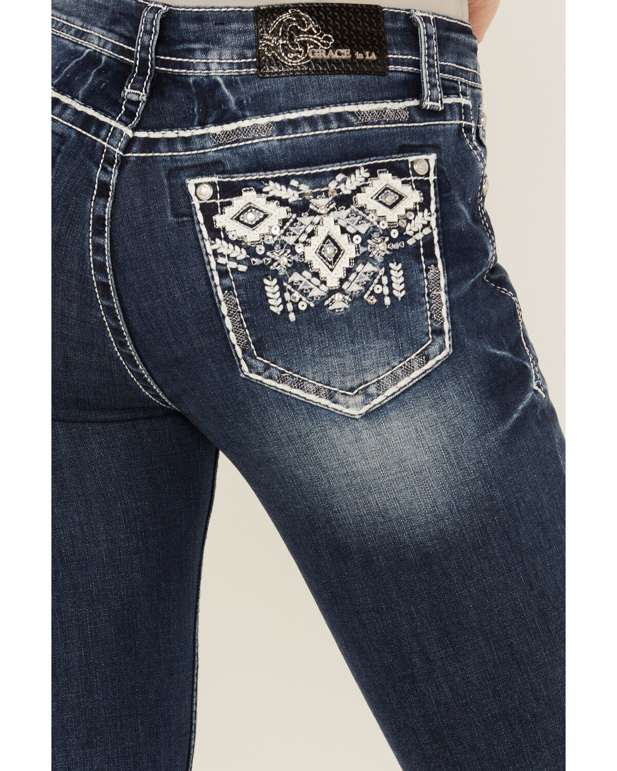 Image #2 - Grace in LA Women's Medium Wash Mid Rise Geo Pocket Stretch Bootcut Jeans, Medium Wash, hi-res
