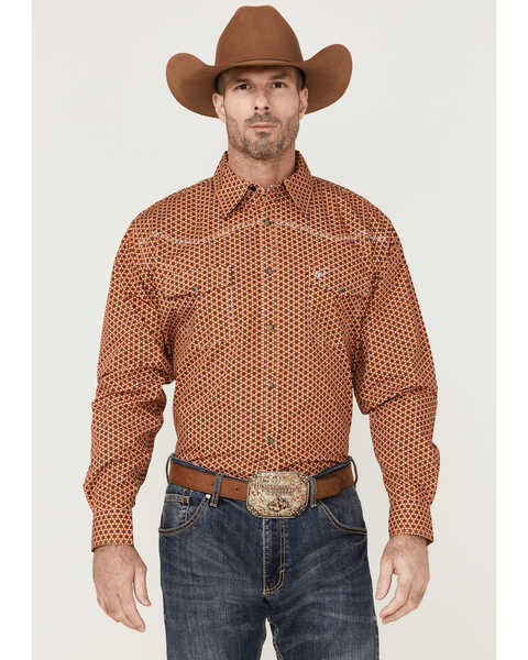 Cowboy Hardware Men's Rust Six Star Geo Print Long Sleeve Snap Western Shirt , Rust Copper, hi-res
