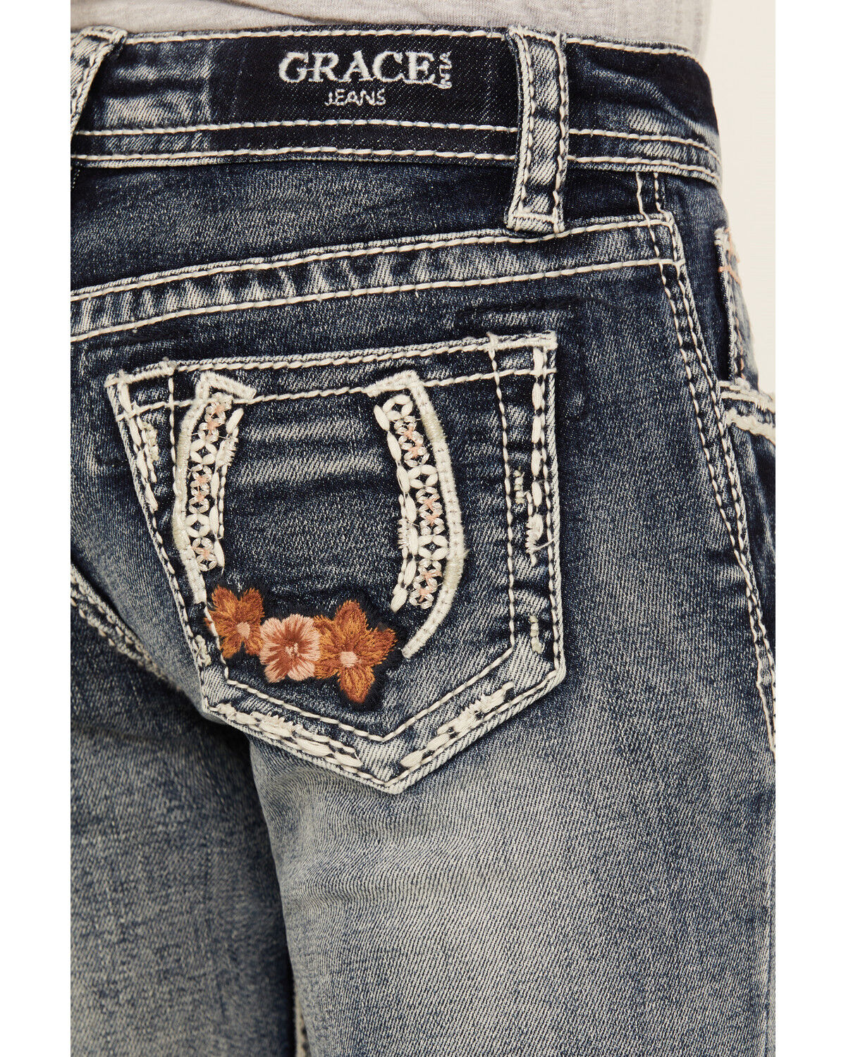 Image #2 - Grace in LA Little Girls' Light Wash Horseshoe Floral Bootcut Denim Jeans, Medium Wash, hi-res