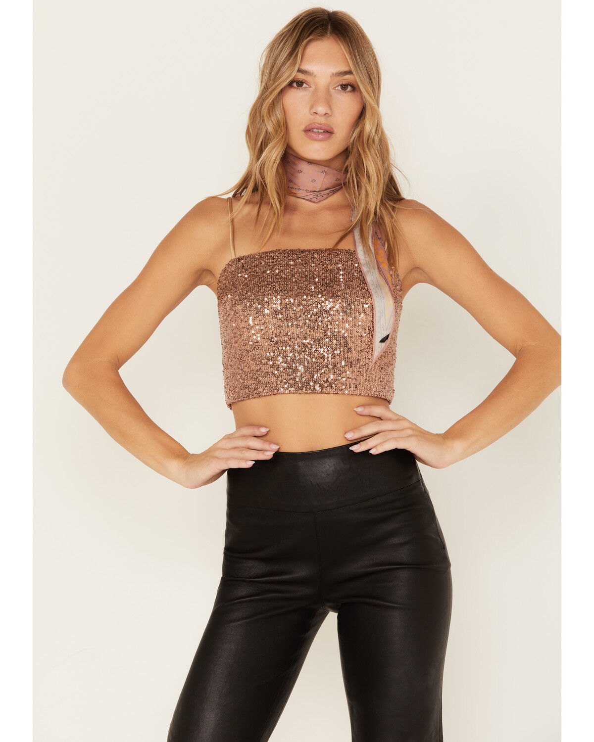 Image #2 - Sadie & Sage Women's Inferno Sequin Cami Crop Top, Sand, hi-res
