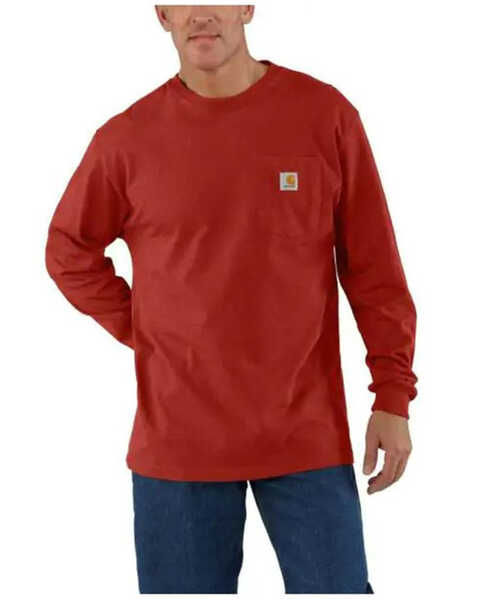 Carhartt Men's Loose Fit Heavyweight Long Sleeve Logo Pocket Work T-Shirt, Red, hi-res