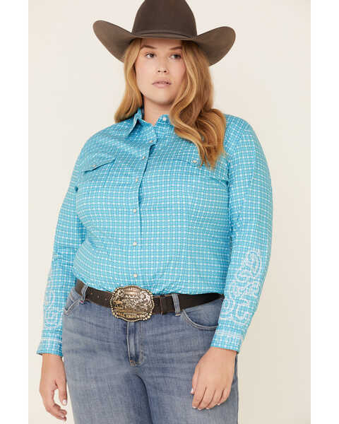 Rough Stock by Panhandle Women's Geo Print Snap Long Sleeve Western Shirt - Plus, Turquoise, hi-res