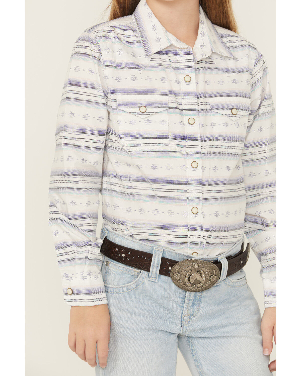 Image #2 - Ariat Girls' Geo Striped Long Sleeve Snap Western Shirt, Navy, hi-res