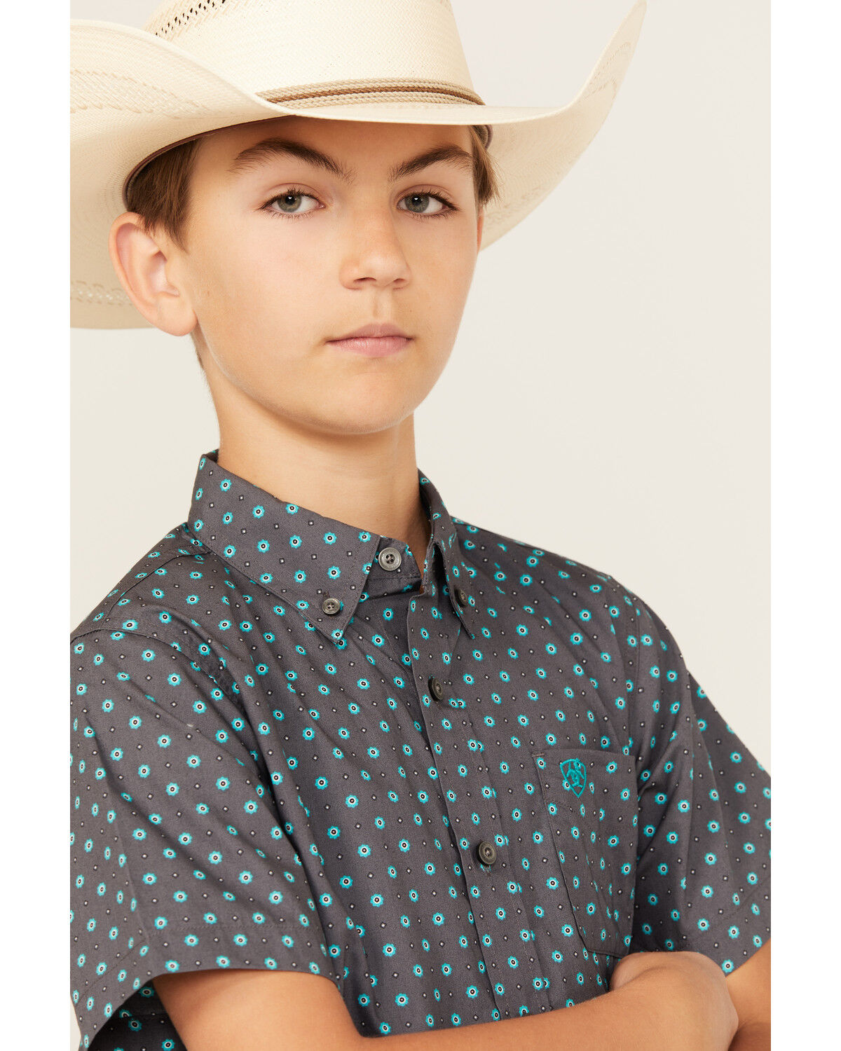 Image #2 - Ariat Boys' Geo Print Short Sleeve Button-Down Western Shirt, Grey, hi-res