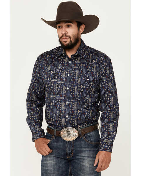 Image #1 - Rough Stock by Panhandle Men's Bandana Southwestern Print Long Sleeve Snap Stretch Western Shirt, Navy, hi-res