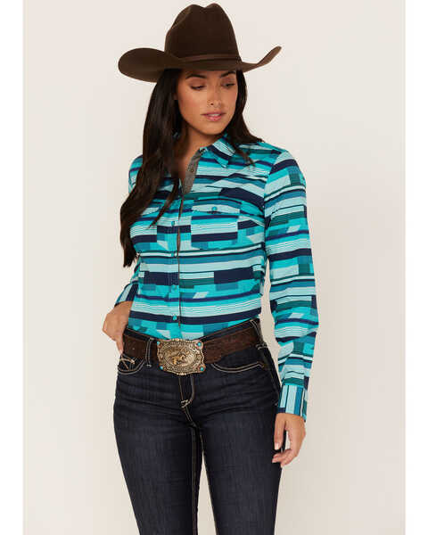 Rank 45 Women's Geo Stripe Print Long Sleeve Stretch Western Riding Shirt, Turquoise, hi-res