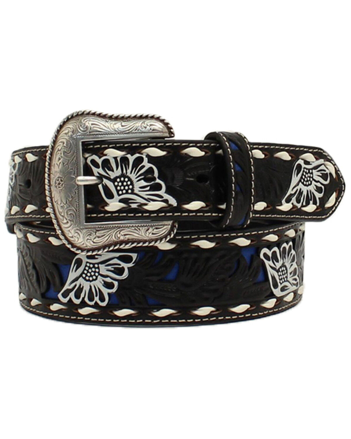 Image #1 - Nocona Men's Floral Pierced Underlay Western Belt, Black, hi-res