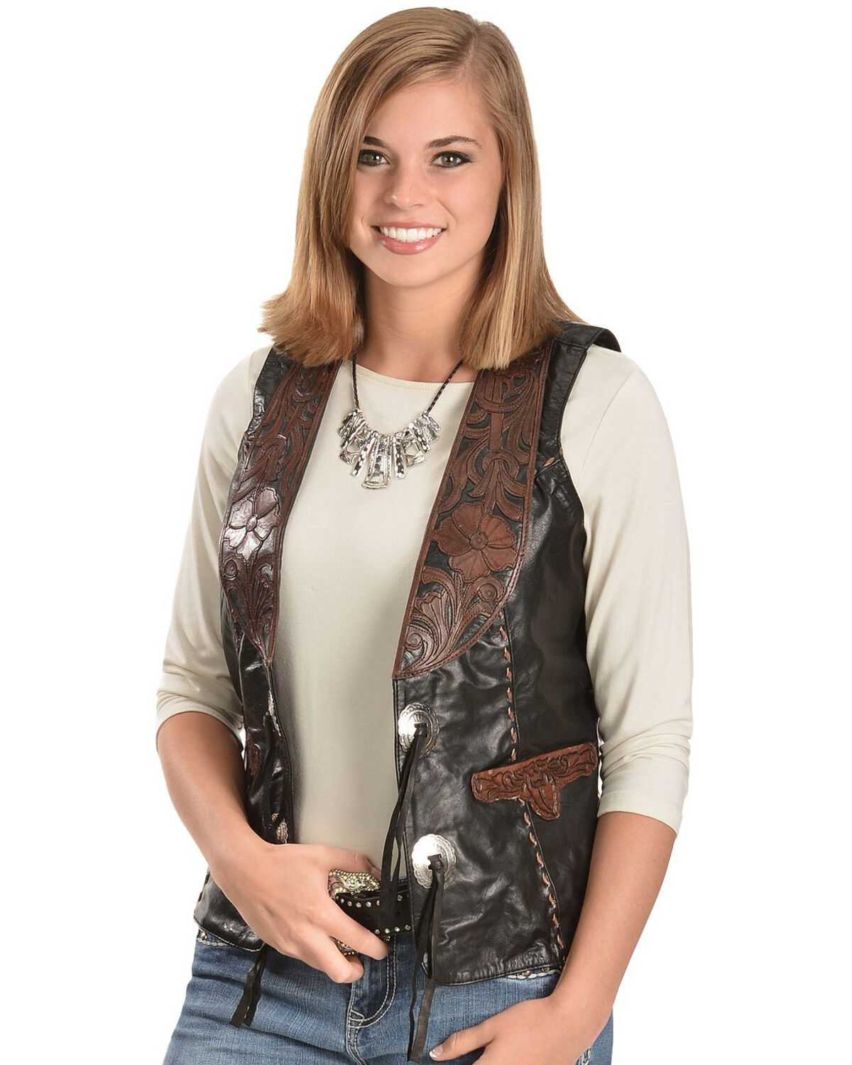 Image #1 - Kobler Floral Tooled Leather Vest, Black, hi-res