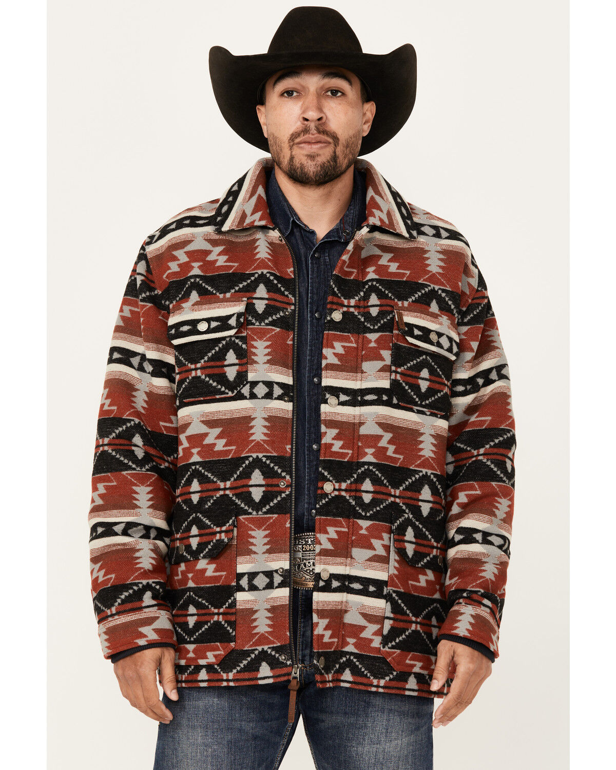 Image #1 - Cinch Men's Southwestern Print Wool Twill Frontier Jacket, Burgundy, hi-res