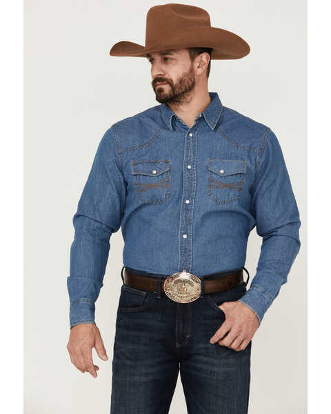 Image #2 - Blue Ranchwear Men's Long Sleeve Pearl Snap Heavy Western Denim Shirt, Light Blue, hi-res