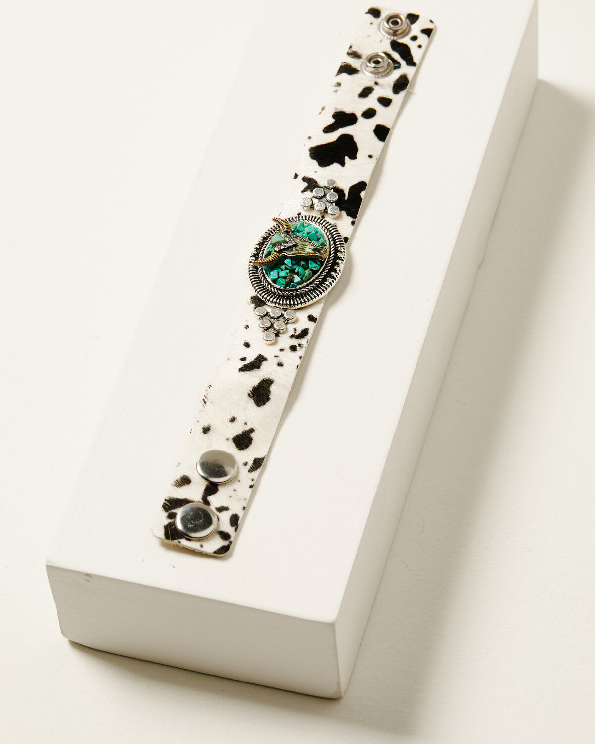 Image #2 - Shyanne Women's Steer Head and Turquoise Chip Genuine Leather Cuff, Turquoise, hi-res