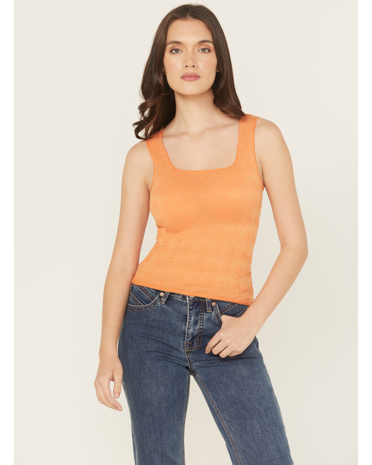 Image #1 - Rock & Roll Denim Women's Floral Jacquard Tank Top, Orange, hi-res