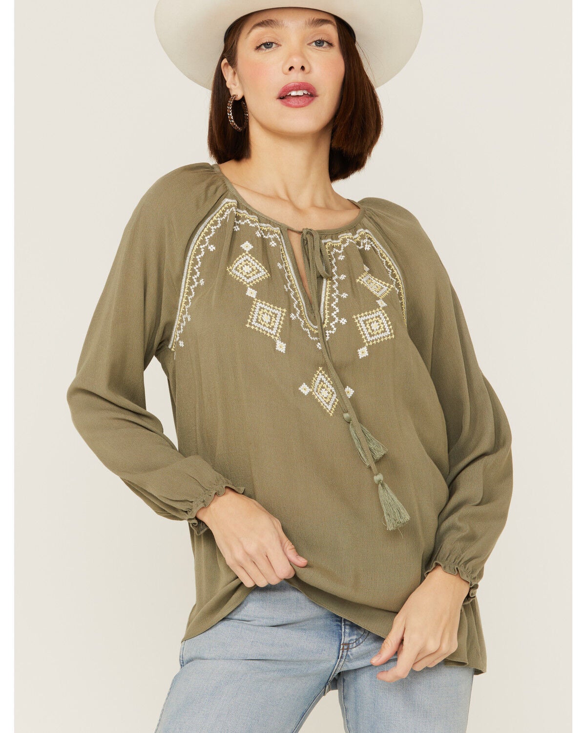 Miss Me Women's Olive Embroidered Southwestern Tassel Top, Olive, hi-res