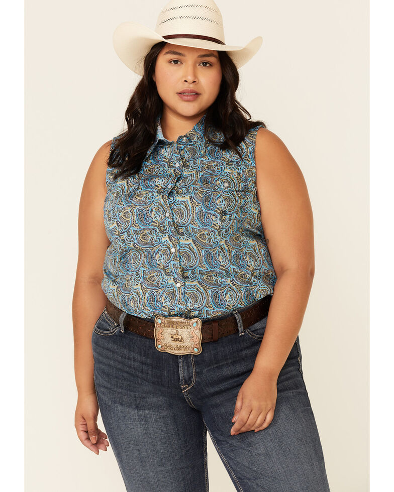 Roper Women's Sweet Water Mosaic Paisley Print Sleeveless Snap Western Shirt - Plus , Turquoise, hi-res