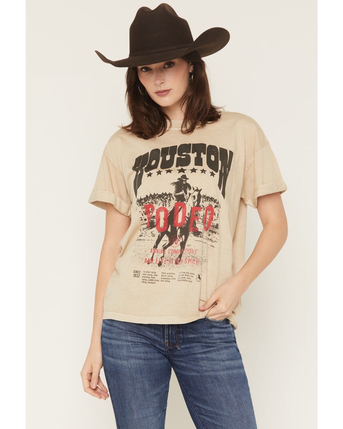 Image #1 - Girl Dangerous Women's Houston Rodeo Short Sleeve Graphic Tee, Tan, hi-res