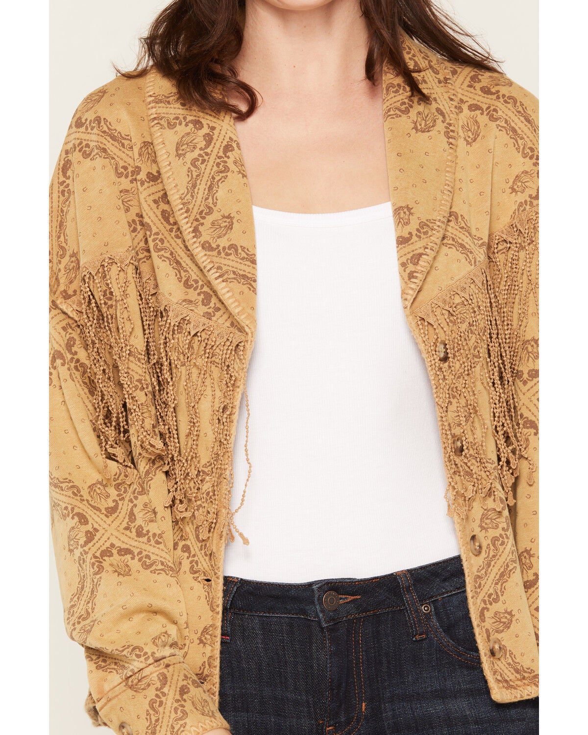 Image #3 - Miss Me Women's Fringe Button Front Short Cardigan, Camel, hi-res
