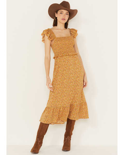 Image #1 - Yura Women's Ditsy Floral Ruffle Sleeveless Midi Dress, Mustard, hi-res