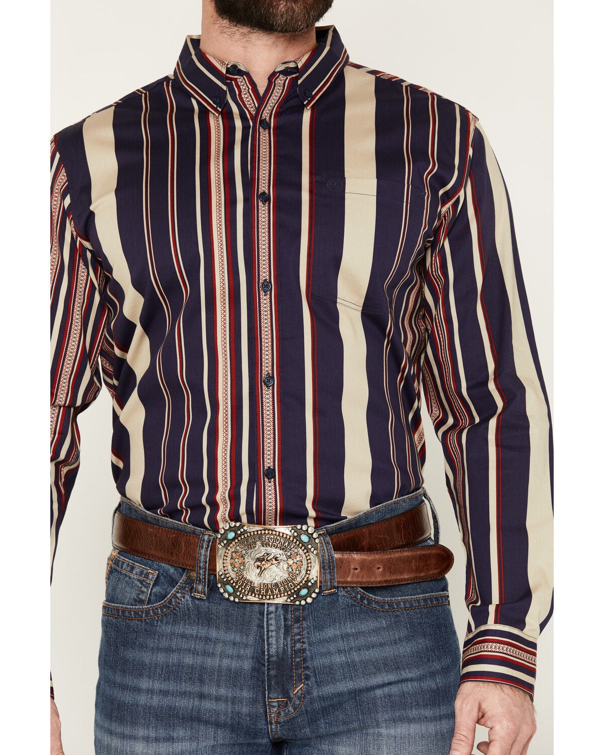 Image #3 - Cody James Men's Red Dog Southwestern Stripe Print Long Sleeve Button-Down Stretch Western Shirt, Navy, hi-res