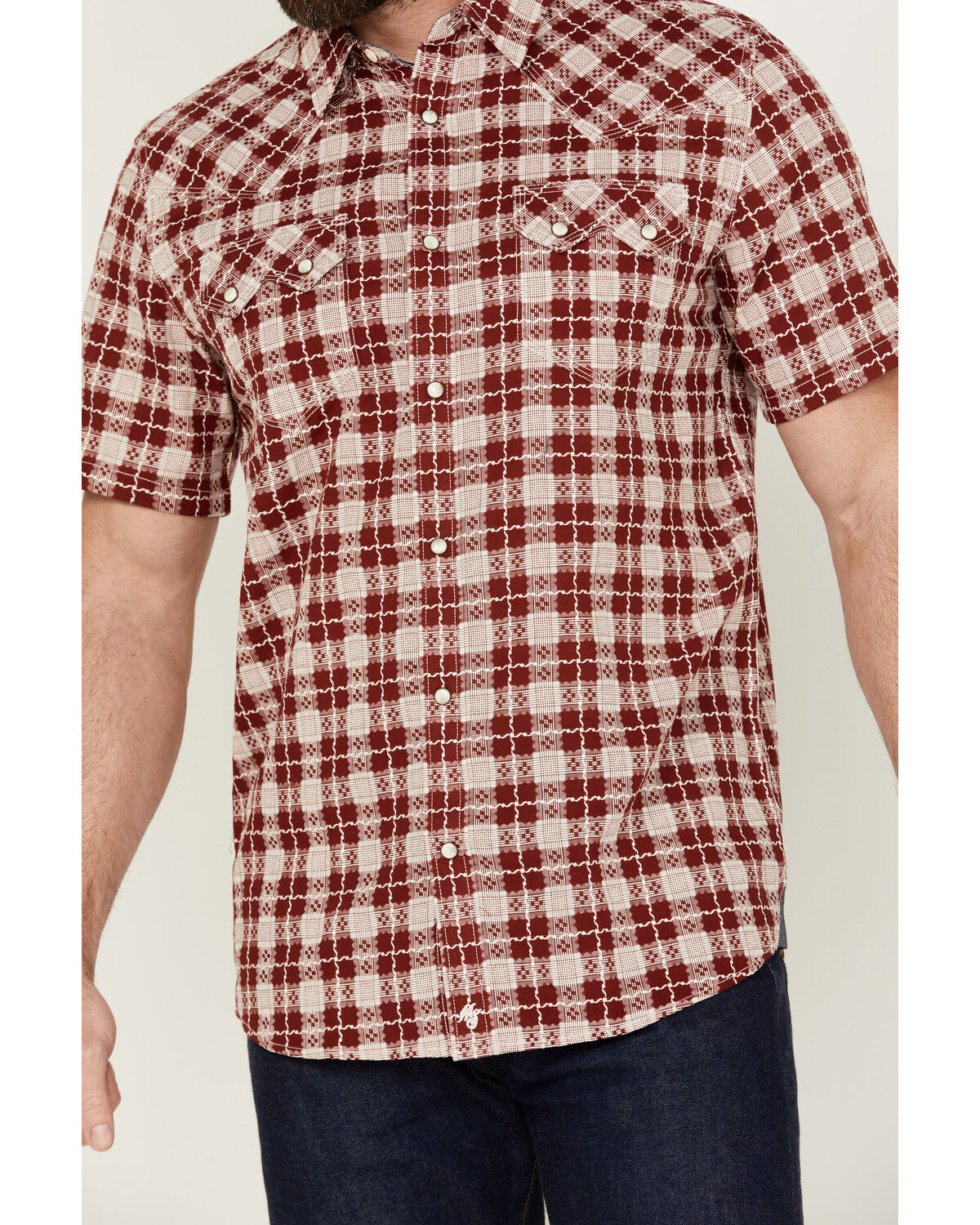 Image #3 - Moonshine Spirit Men's Legend Plaid Print Short Sleeve Snap Western Shirt, Burgundy, hi-res