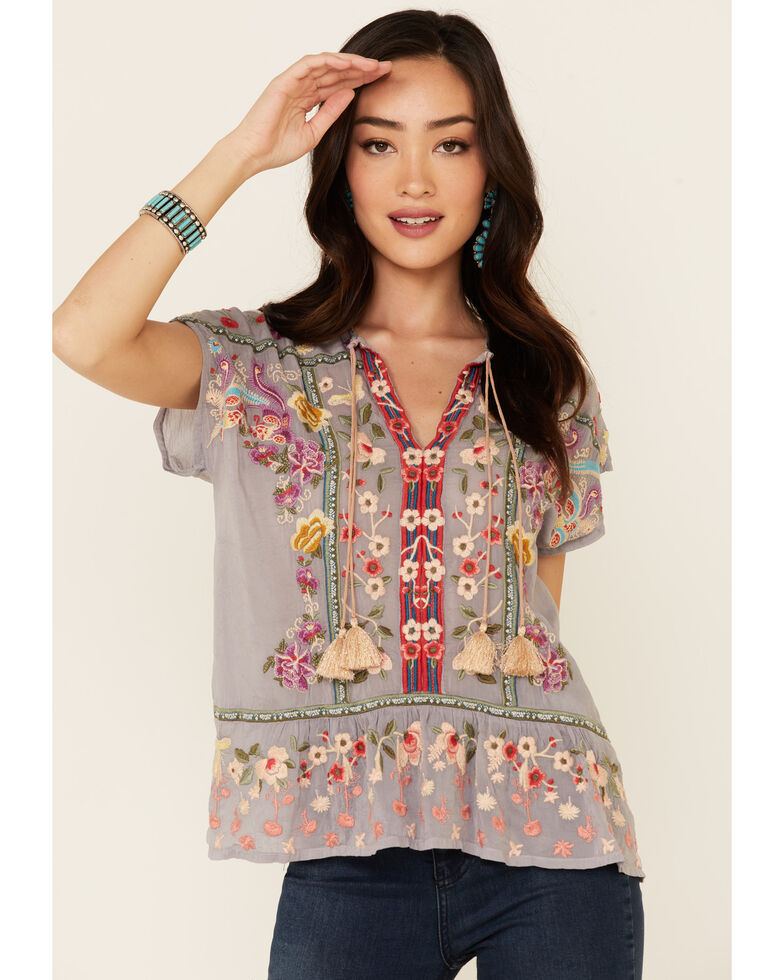 Johnny Was Women's Grey Talon Floral Embroidered Short Sleeve Top, Grey, hi-res