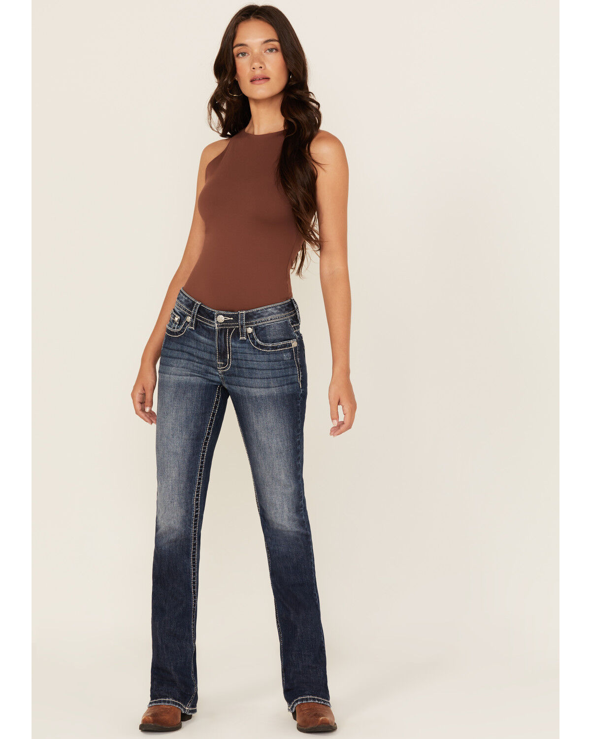 Image #3 - Miss Me Women's Dark Wash Mid Rise Paisley Pocket Bootcut Stretch Denim Jeans, Dark Wash, hi-res
