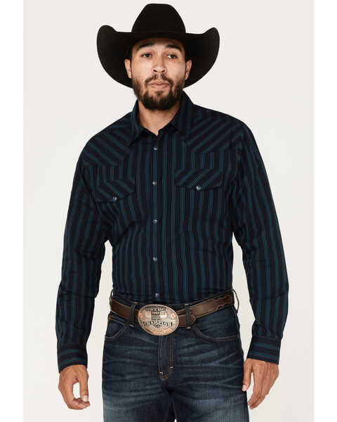 Gibson Men's Line Drive Striped Long Sleeve Snap Western Shirt , Navy, hi-res