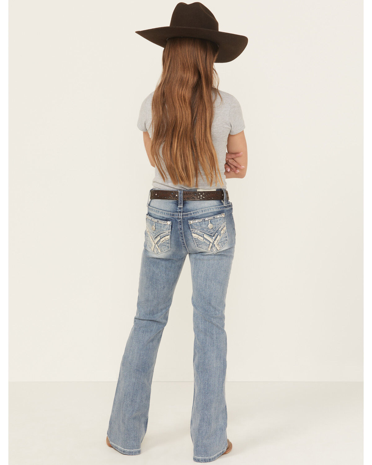 Image #1 - Miss Me Girls' Criss Cross Dark Wash Bootcut Stretch Denim Jeans, Medium Wash, hi-res
