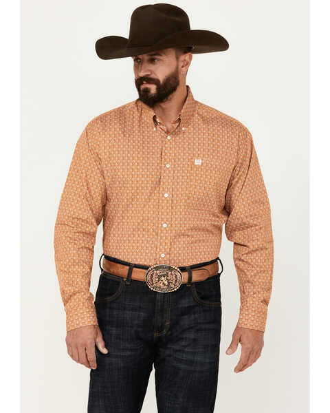 Cinch Men's Geo Print Long Sleeve Button-Down Western Shirt, Copper, hi-res
