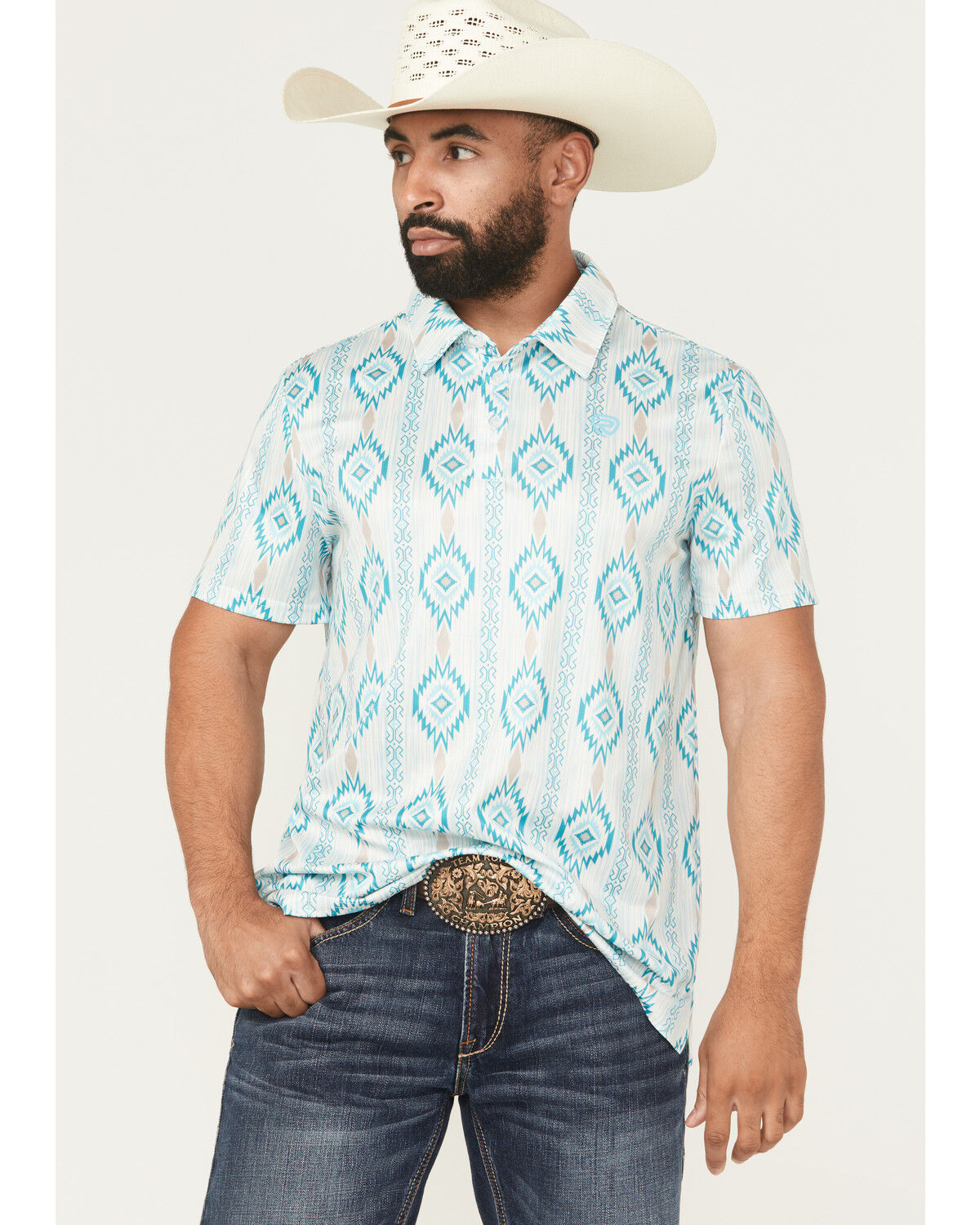 Image #1 - Rock & Roll Denim Men's Southwestern Print Short Sleeve Button-Down Stretch Polo Shirt, Aqua, hi-res