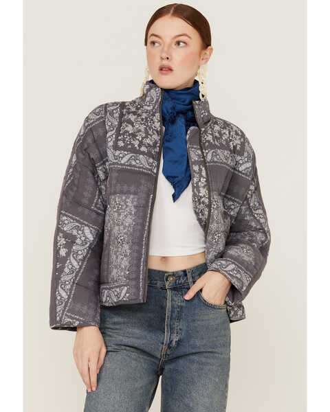 En Creme Women's Quilted Patchwork Zip Jacket, Grey, hi-res