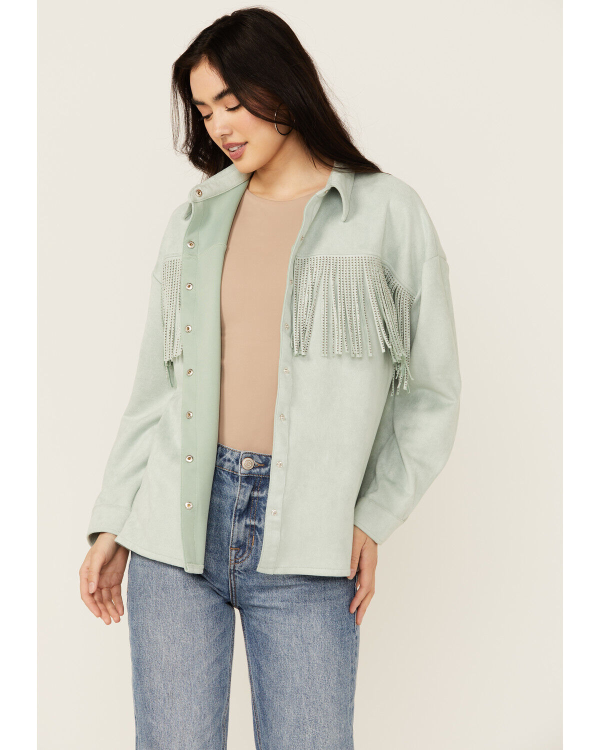 Image #1 - Rock & Roll Denim Women's Faux Suede Front Fringe Shacket, Mint, hi-res