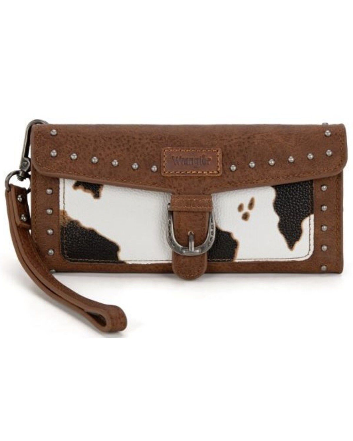 Wrangler Women's Cow Print Trifold RFID Wallet Wristlet with Detachable Credit Card Holder, Brown, hi-res