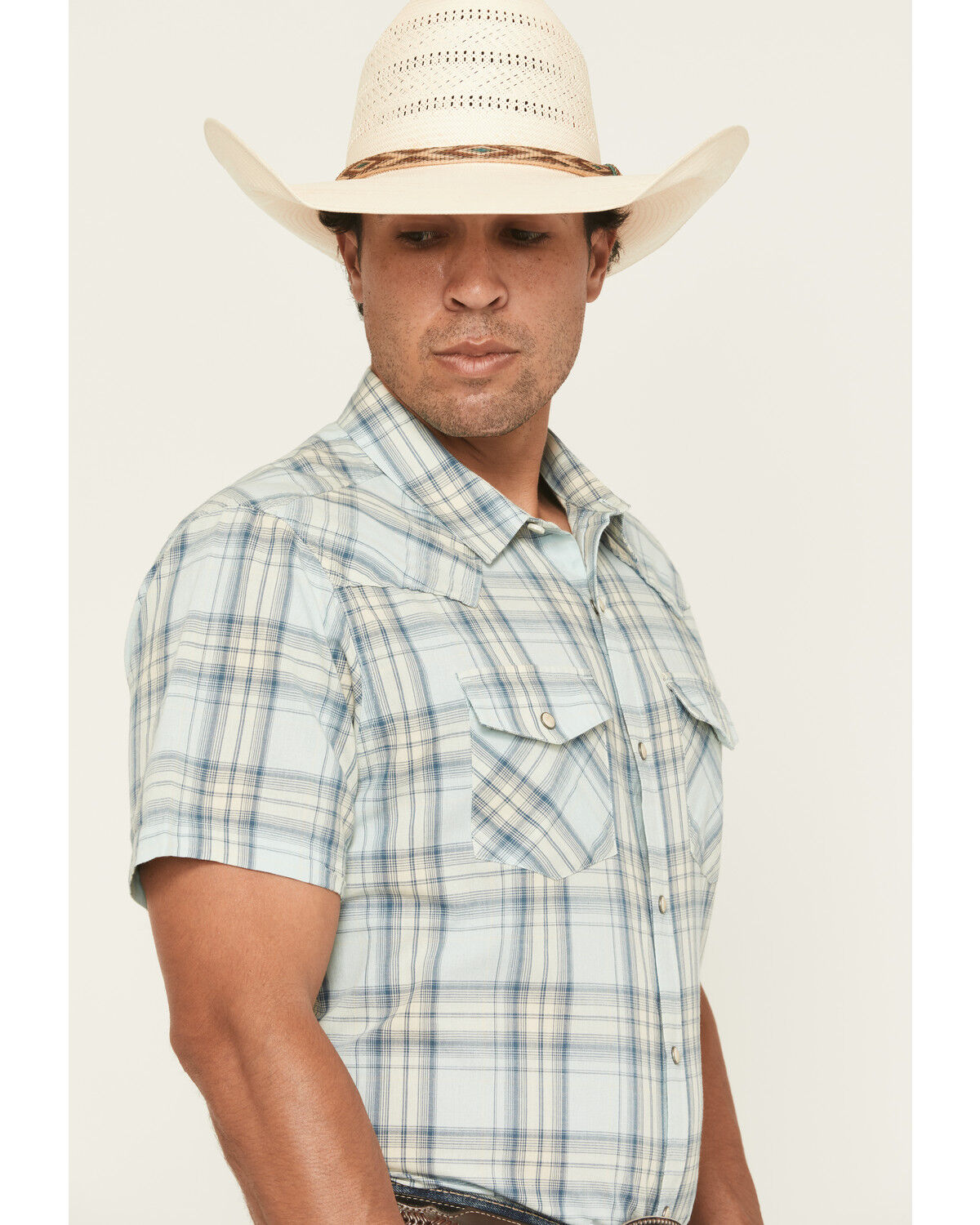 Image #2 - Ariat Men's Hinkle Retro Fit Plaid Print Short Sleeve Snap Western Shirt, Aqua, hi-res