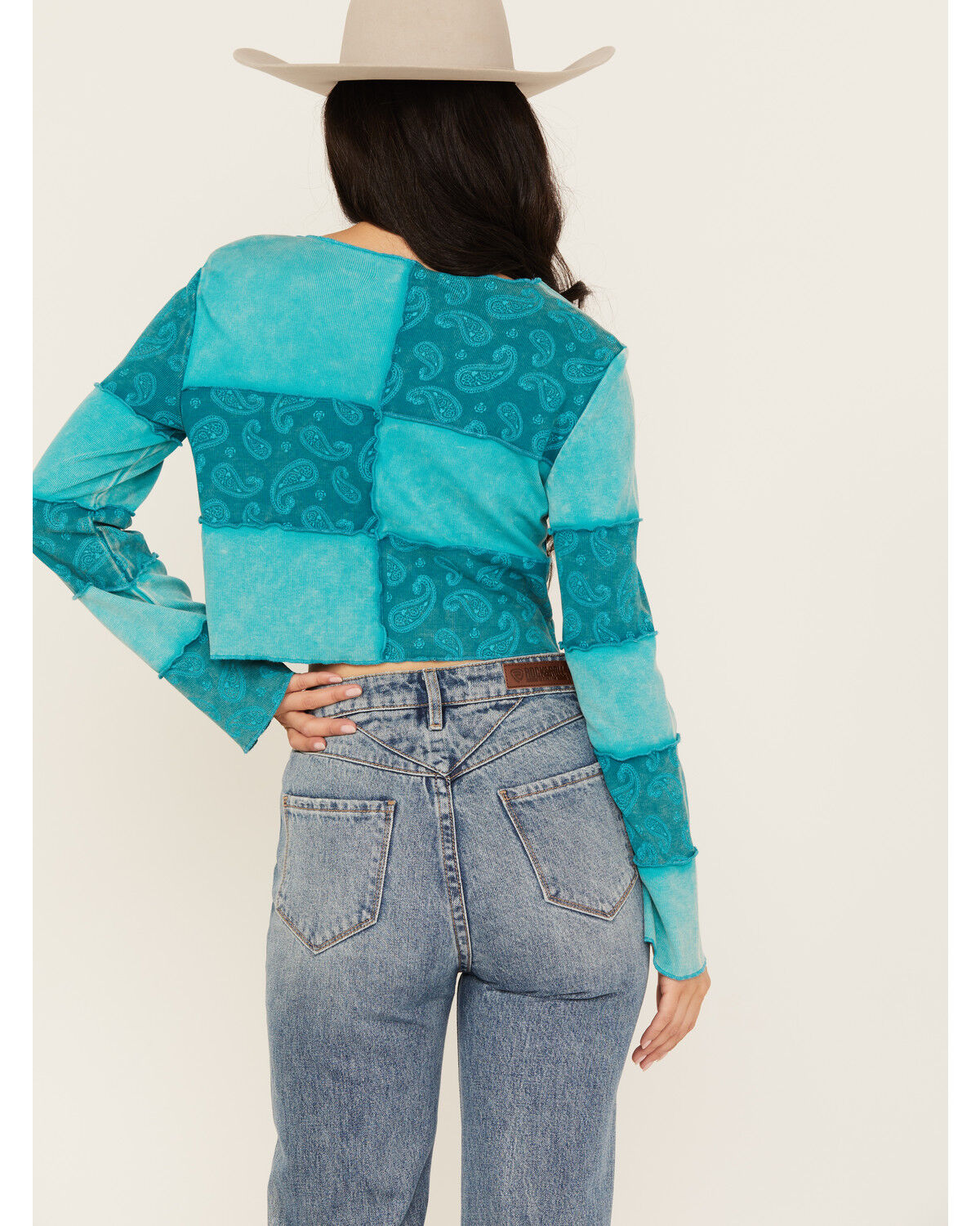 Image #4 - Rock & Roll Denim Women's Paisley Print Patchwork Long Sleeve Top, Blue, hi-res