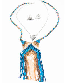 Shyanne Women's Chloe Blue Chevron Fringe Yarn Necklace Set, Multi, hi-res