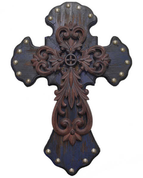 Image #1 - HiEnd Accents Studded Wood Wall Cross with Metal Cross Overlay, Multi, hi-res