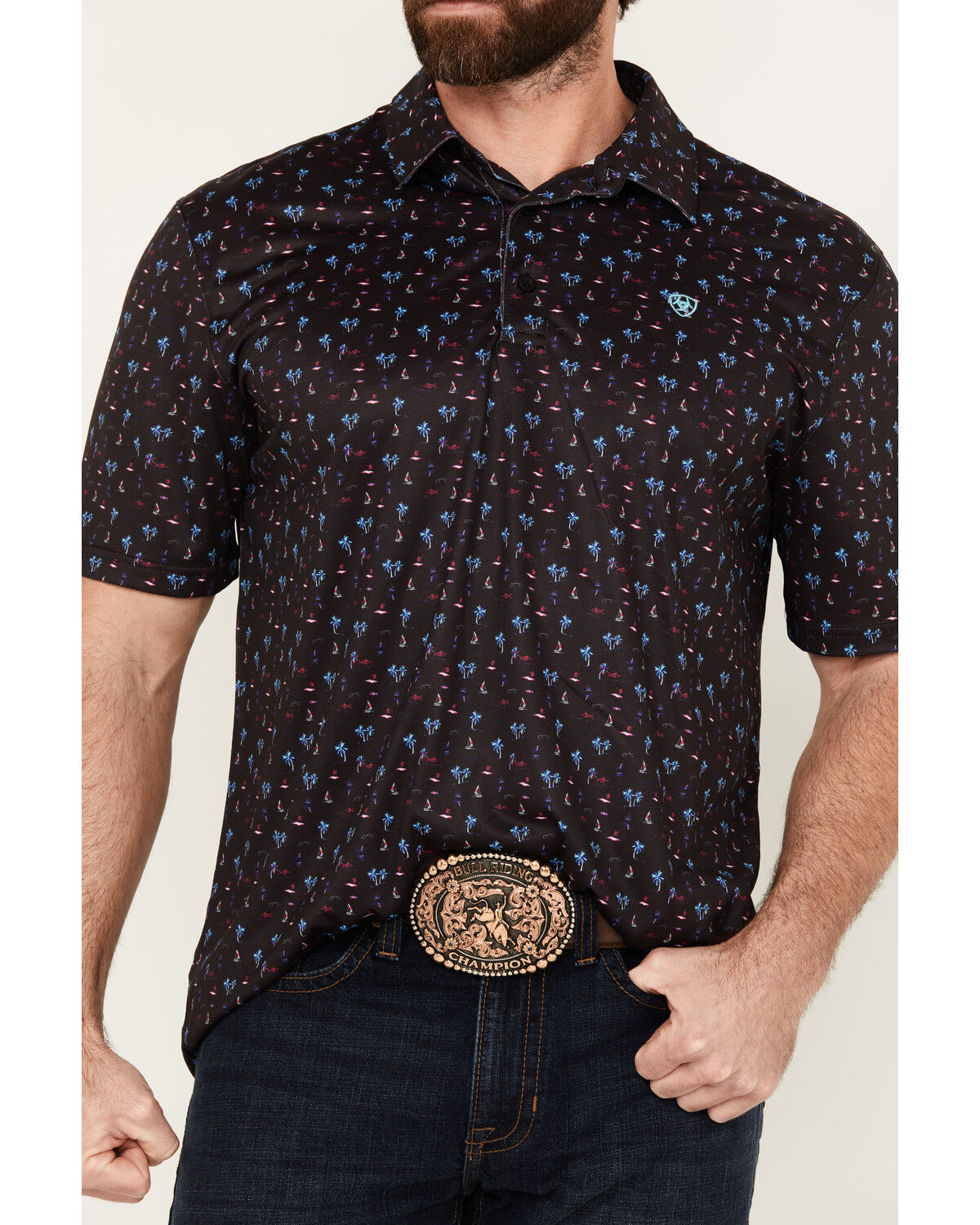 Image #3 - Ariat Men's Palm Tree Print Short Sleeve Performance Polo Shirt, Black, hi-res