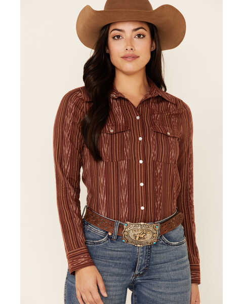 Image #2 - Shyanne Women's Striped Long Sleeve Pearl Snap Western Shirt , Chocolate, hi-res