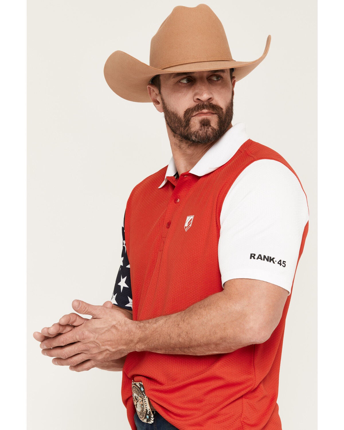 Image #2 - RANK 45&reg; Men's Americana Block Short Sleeve Button-Down Polo, Red, hi-res