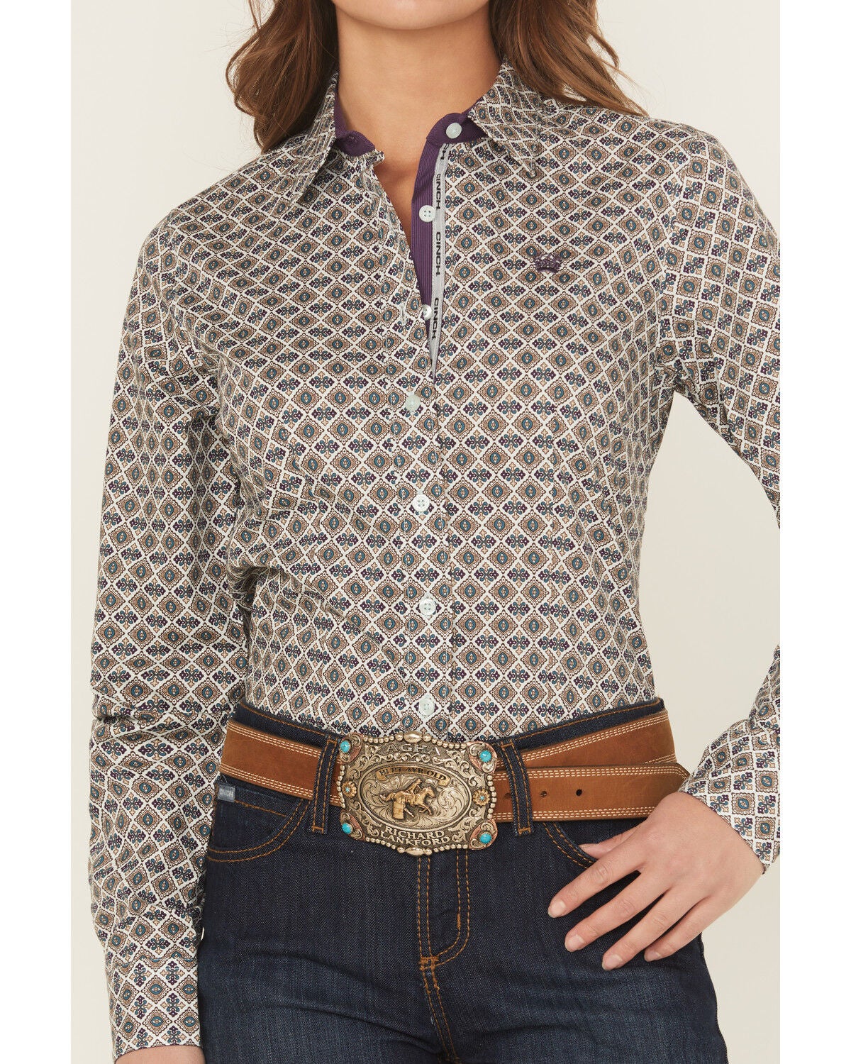 Image #3 - Cinch Women's Medallion Print Long Sleeve Button-Down Western Shirt, Light Blue, hi-res