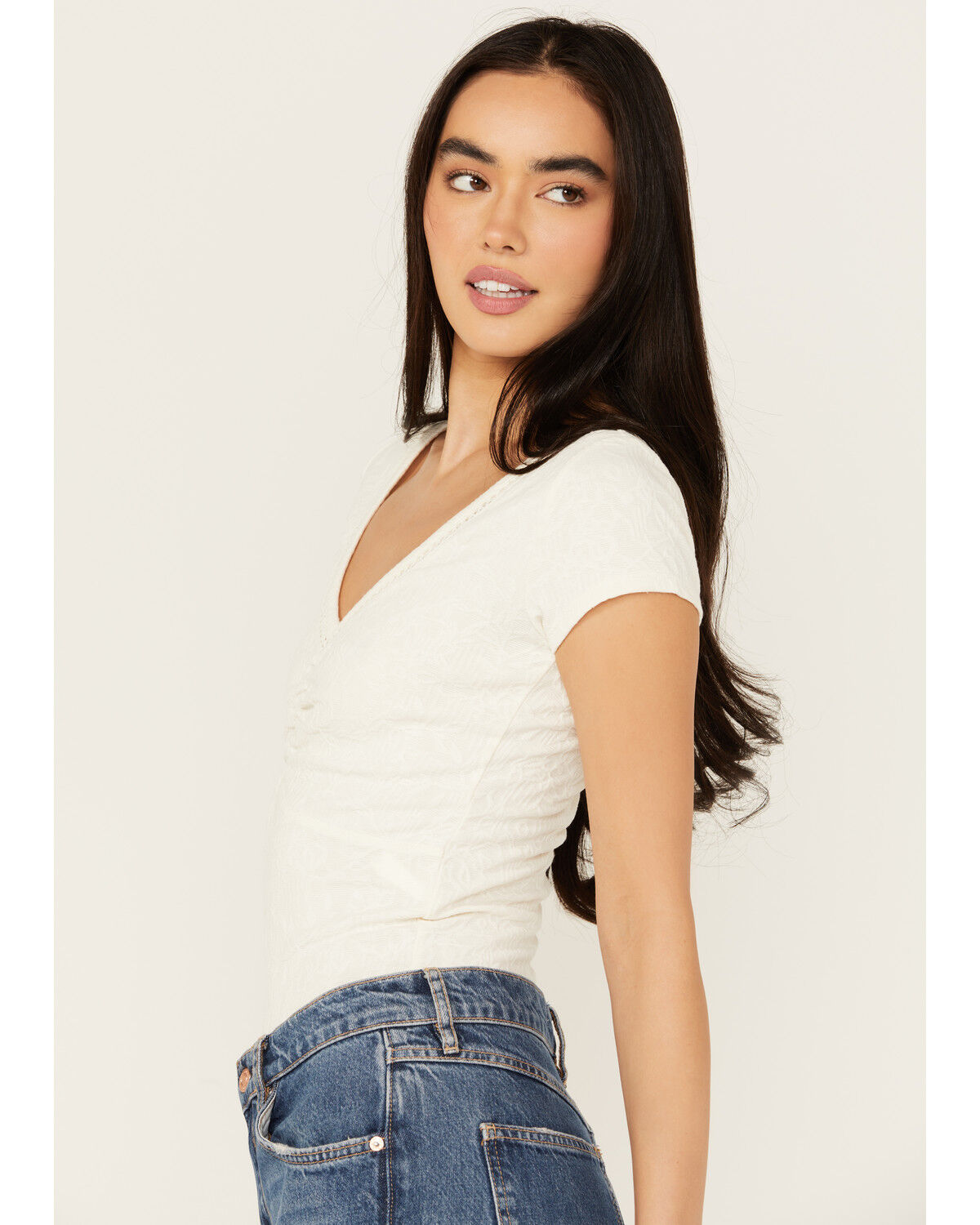 Image #2 - Shyanne Women's V Neck Short Sleeve Stretch Knit Top, Cream, hi-res