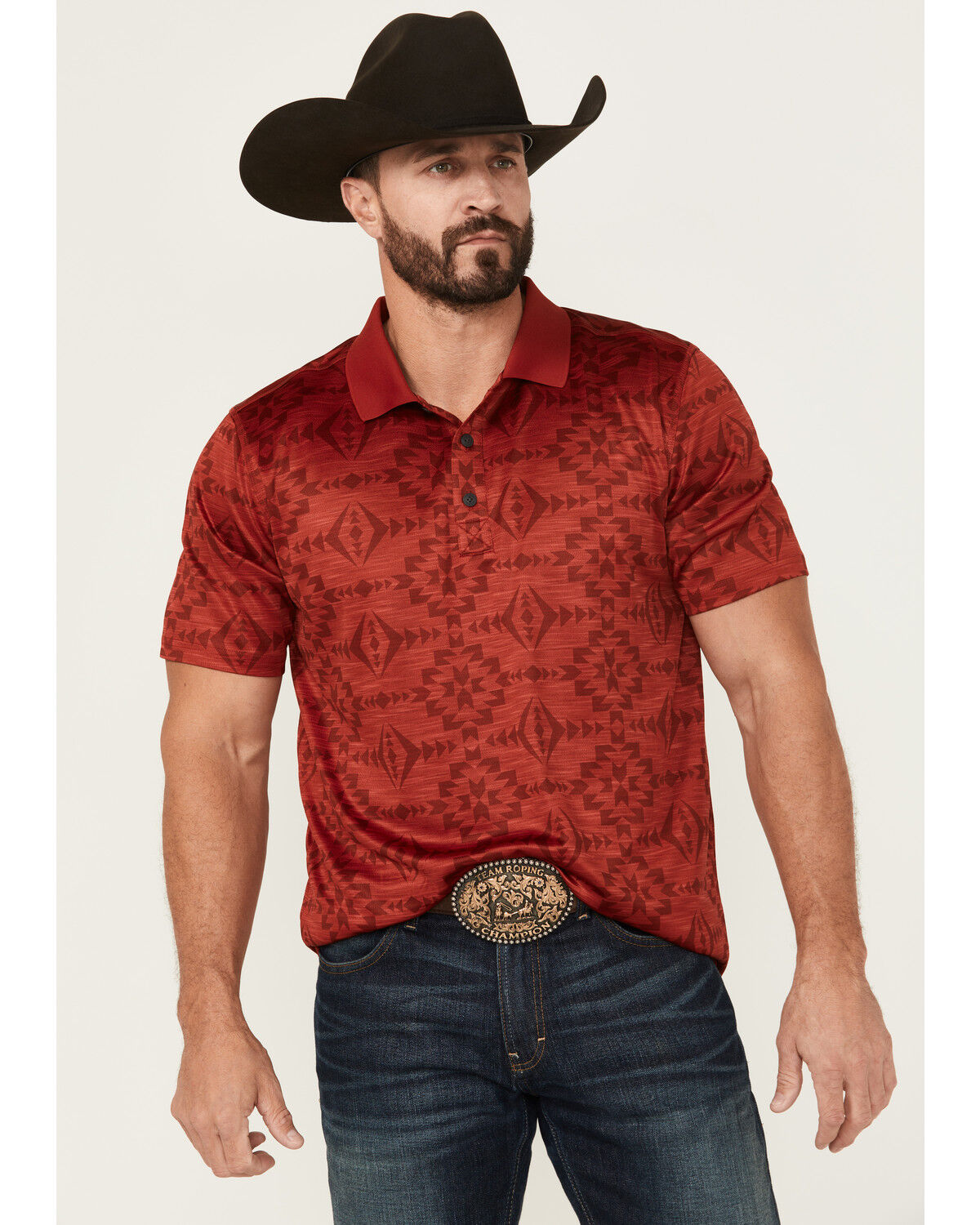 Image #1 - RANK 45® Men's Stock Tonal Southwestern Print Short Sleeve Button-Down Polo Shirt, Red, hi-res