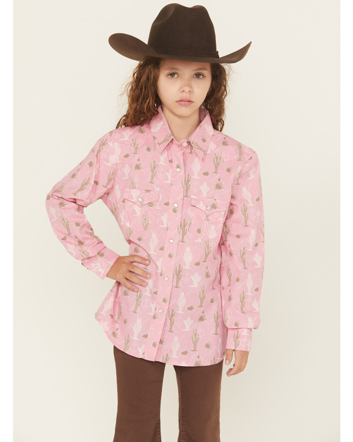 Image #1 - Panhandle Girls Cactus Print Long Sleeve Snap Western Shirt, Pink, hi-res