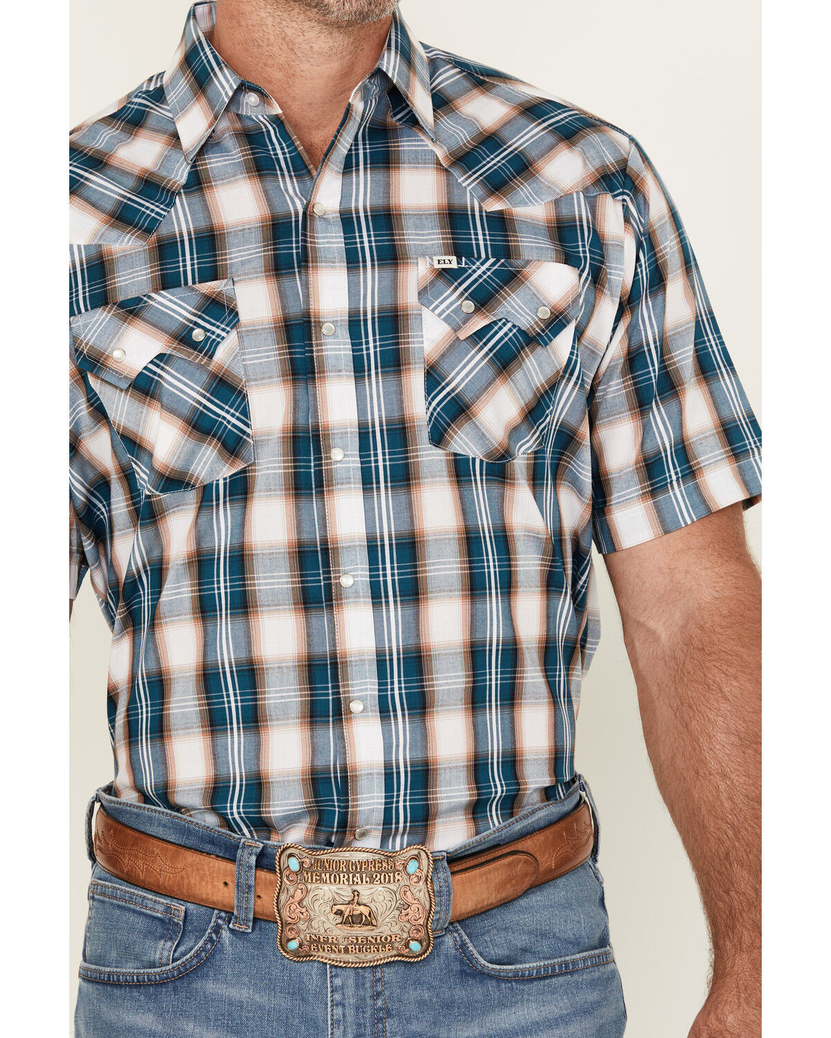 Image #3 - Ely Walker Men's Plaid Print Short Sleeve Snap Stretch Western Shirt - Tall, Teal, hi-res