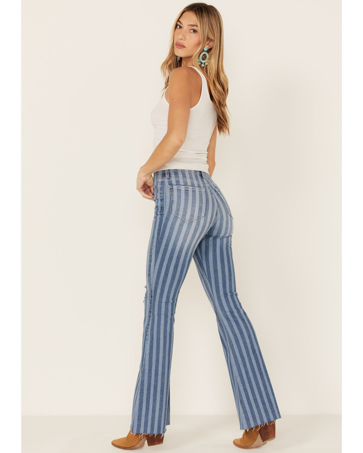 Image #3 - Cello Women's Stripe Destruction Flare Jeans, Blue, hi-res
