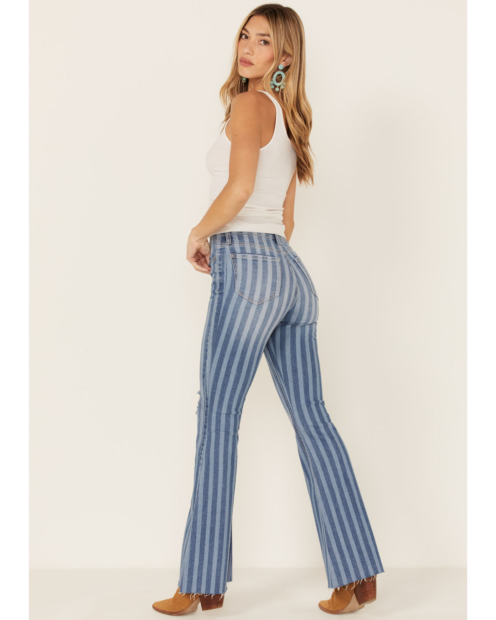 Image #3 - Cello Women's Stripe Destruction Flare Jeans, Blue, hi-res