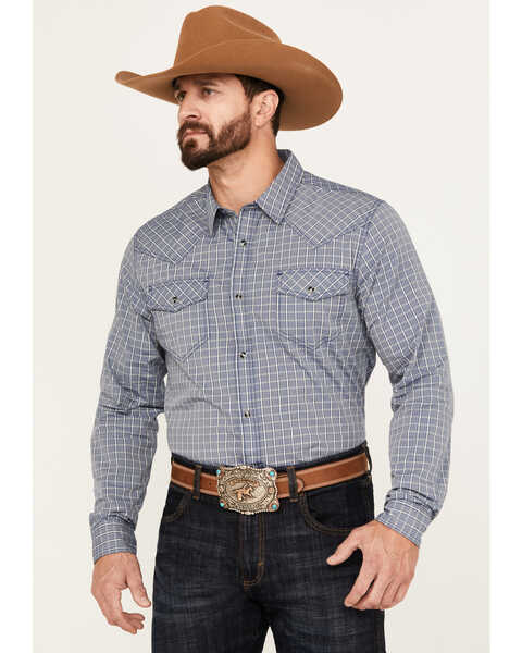 Image #1 - Cody James Men's Trainer Plaid Print Long Sleeve Western Snap Shirt, Navy, hi-res